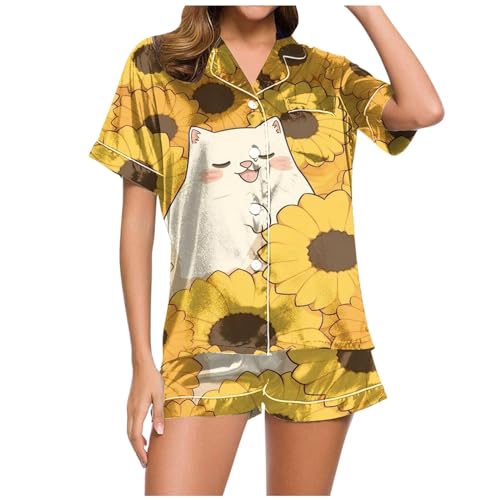 Damen Schlafanzug, Pjama Set für Damen, Pyjamas Zweiteiler Shorty Nachtwäsche Set Umlegekragen mit Knopfleiste Loungewear Leicht Lässiger Kurzarm Nachthemd und Kurze Hosen Bademantel Druck 2024 Damen Schlafanzug, Pjama Set für Damen, Pyjamas Zweiteiler Shorty Nachtwäsche Set Umlegekragen mit Knopfleiste Loungewear Leicht Lässiger Kurzarm Nachthemd und Kurze Hosen Bademantel Druck 2024 von Eauptffy