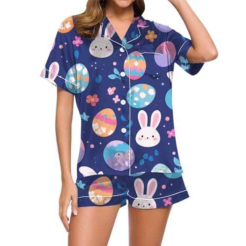 Damen Schlafanzug Kurz, Damen Pyjama Sommer, Pyjama Set Kurz Zweiteiliger Nachtwäsche mit Knopfleiste Turnup Loungewear Kuschelig Lässige Kurzarm Nachthemd und Kurze Hose Nachtkleid Gedrucktes 2024 von Eauptffy