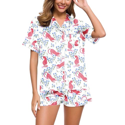 Damen Schlafanzug Kurz, Pyjama Damen Satin, Pyjama-Set Shorty Zweiteiler Nachtwäsche Set mit Knopf Reverskragen Nightwear Freizeit Weich Kurzarm Shirt und Kurze Hose Morgenmantel Bedruckt Sommer von Eauptffy