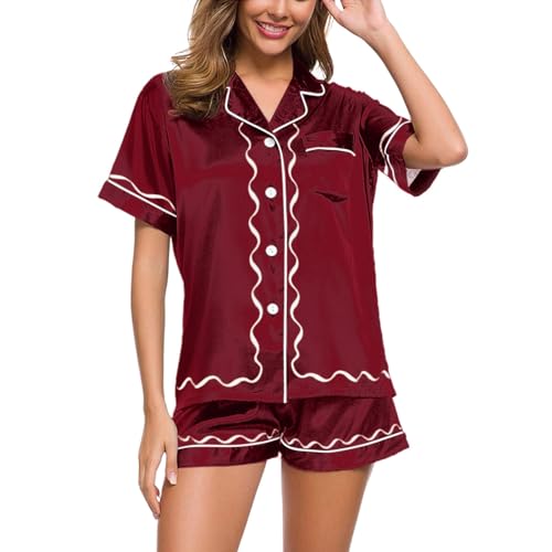 Damen Schlafanzug Kurz, Pyjama Set Damen, Pyjamas Set Kurz Zweiteilige Nachtwäsche Set Turnup mit Knöpfen Nightwear Leichte Lounge Kurzarm Nachthemd und Kurze Hosen Bademantel Gradient Sommer von Eauptffy