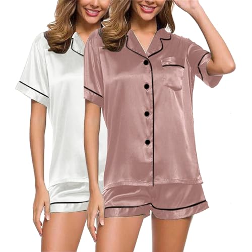 Eauptffy 2pc Damen Schlafanzug, Pyjama Set Damen, Pjs Zweiteiler Shorty Nachtwäsche Set mit Knopf Umlegekragen Hausanzug Weich Lounge Kurzarm Sleepshirt und Short Bademantel Solid Halloween von Eauptffy