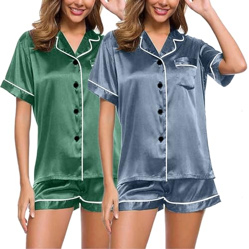 Eauptffy 2pc Schlafanzug Mädchen Kurz, Shorty Pyjama Damen, Pyjamas Set Shorty Zweiteiliges Nachtwäsche Set mit Knöpfe Revers Sleepwear Lounge Kurzarm Shirt und Kurze Hosen Negligé Einfarbiges Sommer von Eauptffy