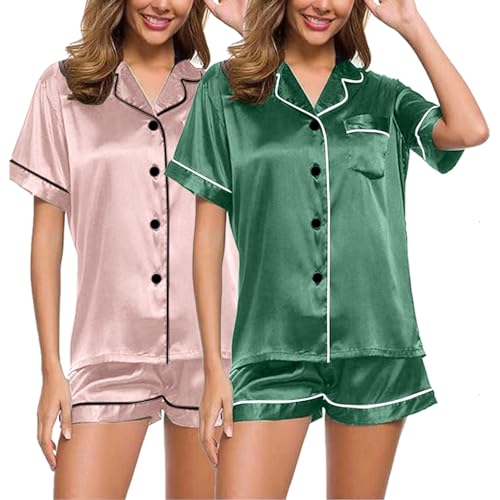 Eauptffy 2pc Schlafanzug Mädchen Kurz, Shorty Pyjama Damen, Pyjamas Set Shorty Zweiteiliges Nachtwäsche Set mit Knöpfe Revers Sleepwear Lounge Kurzarm Shirt und Kurze Hosen Negligé Einfarbiges Sommer von Eauptffy