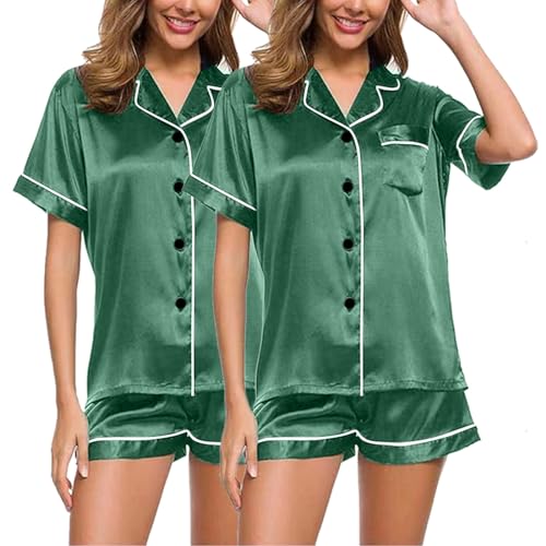 Eauptffy 2pc Schlafanzug Mädchen Kurz, Shorty Pyjama Damen, Pyjamas Set Shorty Zweiteiliges Nachtwäsche Set mit Knöpfe Revers Sleepwear Lounge Kurzarm Shirt und Kurze Hosen Negligé Einfarbiges Sommer von Eauptffy