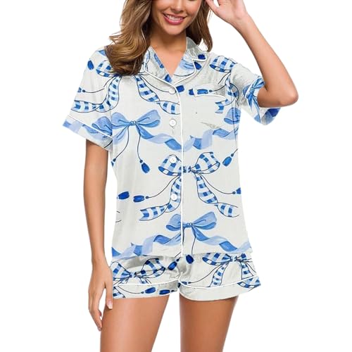 Eauptffy Damen Schlafanzug, Pjama Set für Damen, Pjs Sets Kurz Zweiteilige Nachtwäsche Set mit Knöpfen Umlegekragen Homewear Bequeme Lässiges Kurzarm T Shirt und Shorts Schlafoverall Gedruckt Sommer von Eauptffy