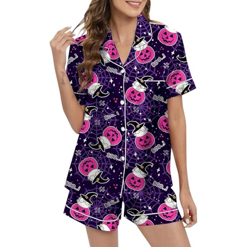 Eauptffy Damen Schlafanzug, Pjama Set für Damen, Pyjamas Zweiteiliges Shorty Nachtwäsche Turnup mit Knöpfen Hausanzug Bequemer Casual Kurzarm Shirt und Schlafhosen Negligé Bedrucktes Halloween von Eauptffy