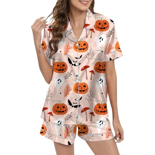 Eauptffy Damen Schlafanzug, Pjama Set für Damen, Pyjamas Zweiteiliges Shorty Nachtwäsche Turnup mit Knöpfen Hausanzug Bequemer Casual Kurzarm Shirt und Schlafhosen Negligé Bedrucktes Halloween von Eauptffy