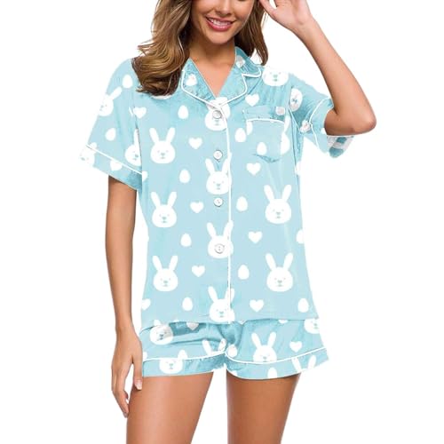 Eauptffy Damen Schlafanzug, Pyjama Set Damen Kurz, Pjs Zweiteiler Shorty Nachtwäsche Set mit Knopf Turnup Sleepwear Weich Lässiges Kurzarm Sleepshirt und Schlafhosen Bademantel Bedruckter Halloween von Eauptffy