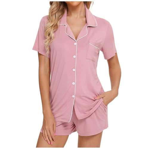 Eauptffy Damen Schlafanzug, Shorty Pyjama Damen, Pyjamas Shorty Zweiteiliges Nachtwäsche Set Revers mit Knöpfe Nachtkleidung Casual Leichte Kurzarm Top und Shorts Bademantel Solide 2024 von Eauptffy