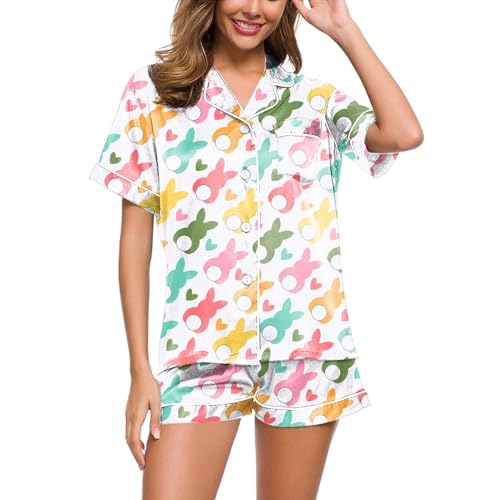 Eauptffy Damen Schlafanzug, Womens Pyjamas, Pjs Kurz Zweiteiliges Nachtwäsche Set mit Knöpfe Reverskragen Nightwear Weich Casual Kurzarm Oberteil und Short Bademantel Drucken Halloween von Eauptffy