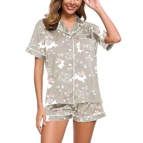 Eauptffy Damen Schlafanzug Kurz, Pyjama Damen Kurz Sexy, Pyjamas Set Zweiteiler Kurz Nachtwäsche Umlegekragen mit Knopf Loungewear Weich Lounge Kurzarm Top und Short Nachtkleid Gedruckt Sommer von Eauptffy