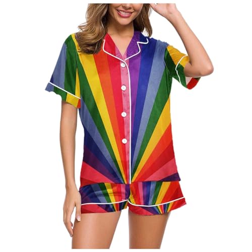 Eauptffy Kurzer Schlafanzug Damen, Pyjama Damen Satin, Schlafanzüge Zweiteiler Kurz Nachtwäsche Reverskragen mit Knöpfe Loungewear Kuschelig Casual Kurzarm T Shirt und Shorts Negligé Bedruckte 2024 von Eauptffy