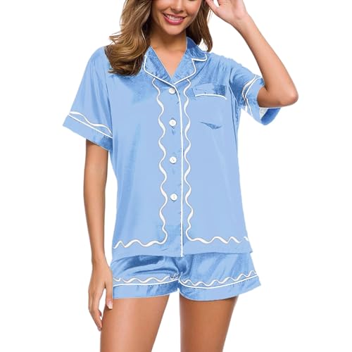 Eauptffy Kurzer Schlafanzug Damen, Pyjama Set Damen, Pyjamas Kurz Zweiteiliger Nachtwäsche mit Knöpfen Umlegekragen Hausanzug Lässig Leichter Kurzarm Nachthemd und Pyjamahosen Negligé Einfarbig 2024 von Eauptffy