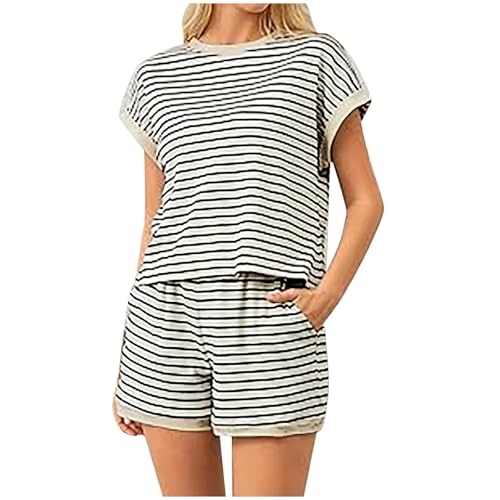 Eauptffy Kurzer Schlafanzug Damen, Sommer Pyjama Damen Kurz, Pjs Shorty Zweiteiliger Nachtwäsche Rundhals Sleepwear Lässig Leicht Kurzarm Top und Shorts Schlafoverall Gestreifter Sommer von Eauptffy