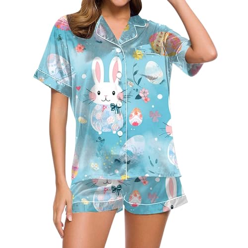 Eauptffy Kurzer Schlafanzug Damen, Womens Pyjamas, Pjs Sets Zweiteiler Kurz Nachtwäsche mit Knopf Turnup Nachtkleidung Bequemer Casual Kurzarm Top und Schlafhose Negligé Gedruckter Halloween von Eauptffy