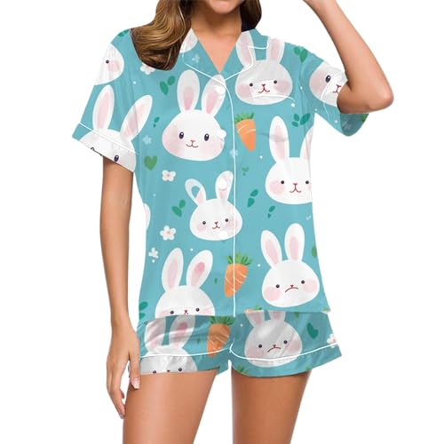 Eauptffy Musselin Schlafanzug Damen, Pyjama Damen Satin, Pyjamas Set Kurz Zweiteilige Nachtwäsche mit Knöpfe Reverskragen Hausanzug Lässig Komfort Kurzarm Top und Shorts Negligé Bedrucktes Sommer von Eauptffy