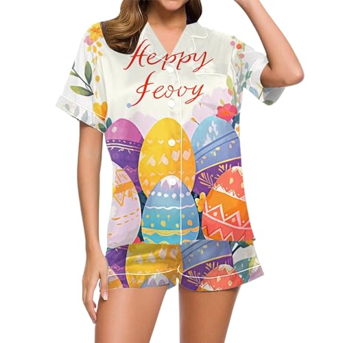 Eauptffy Musselin Schlafanzug Damen, Pyjama Damen Satin, Pyjamas Set Kurz Zweiteilige Nachtwäsche mit Knöpfe Reverskragen Hausanzug Lässig Komfort Kurzarm Top und Shorts Negligé Bedrucktes Sommer von Eauptffy