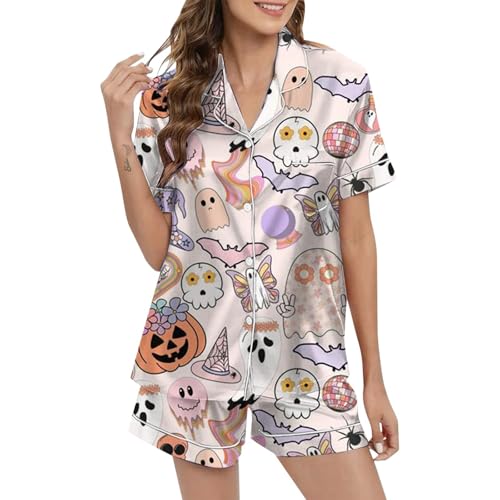 Eauptffy Musselin Schlafanzug Damen, Womens Pyjamas, Pjs Kurz Zweiteiler Nachtwäsche Set mit Knöpfen Turnup Homewear Bequeme Casual Kurzarm Top und Pyjamahosen Schlafoverall Bedruckt 2024 von Eauptffy