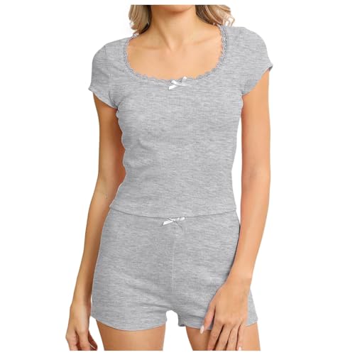 Eauptffy Satin Schlafanzug Damen, Damen Shorty Pyjama Kurz, Pyjamas Set Shorty Zweiteiler Nachtwäsche Rundhals Nightwear Lässig Bequeme Kurzarm Top und Kurze Hosen Negligé Einfarbig 2024 von Eauptffy