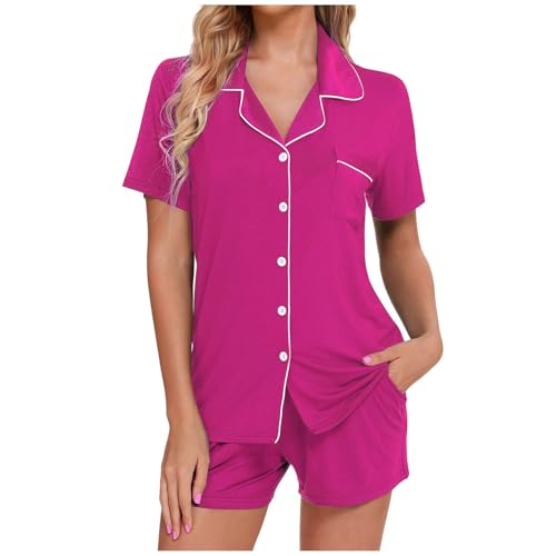 Eauptffy Schlafanzüge für Damen, Pjama Set für Damen, Pjs Sets Shorty Zweiteilige Nachtwäsche Reverskragen mit Knöpfen Sleepwear Casual Bequemer Kurzarm Top und Shorts Bademantel Einfarbig 2024 von Eauptffy