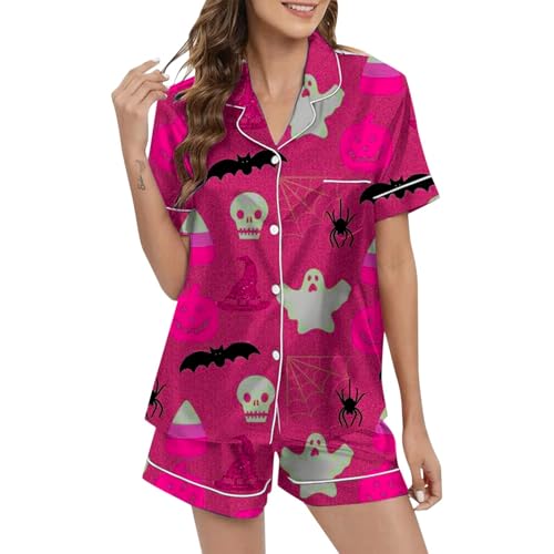 Eauptffy Schlafanzüge für Damen, Pyjama Damen, Pjs Sets Kurz Zweiteilige Nachtwäsche Set Revers mit Knopfleiste Nachtkleidung Casual Bequeme Kurzarm Shirt und Schlafshort Nachtkleid Bedruckter Sommer von Eauptffy