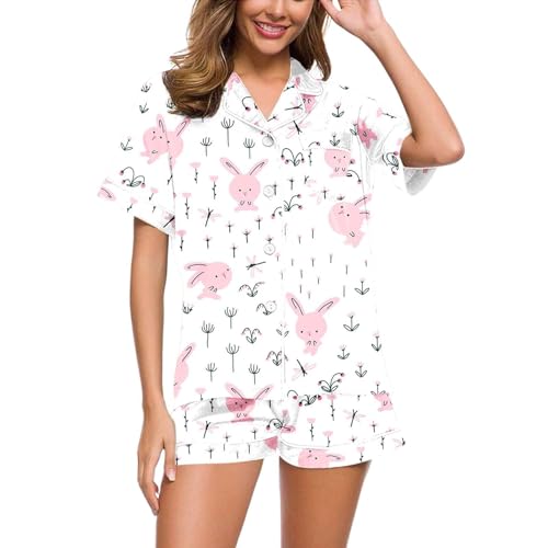 Eauptffy Schlafanzüge für Damen, Sommer Pyjama Damen Kurz, Pjs Zweiteiliger Shorty Nachtwäsche mit Knöpfen Revers Nightwear Weich Lässiges Kurzarm Top und Pyjamahosen Nachtkleid Gedruckter 2024 von Eauptffy