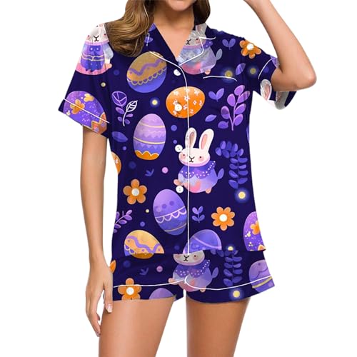 Eauptffy Schlafanzüge für Damen, Womens Pyjamas, Pjs Shorty Zweiteiler Nachtwäsche Set Reverskragen mit Knöpfe Loungewear Leichte Beiläufig Kurzarm T Shirt und Schlafhosen Bademantel Druck Halloween von Eauptffy