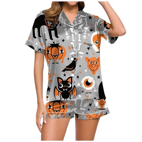 Eauptffy Schlafanzug Damen, Pyjama Damen Kurz Sexy, Pyjamas Set Kurz Zweiteiliger Nachtwäsche mit Knöpfen Umlegekragen Homewear Leichter Lässig Kurzarm Shirt und Schlafhose Morgenmantel Gedruckt 2024 von Eauptffy