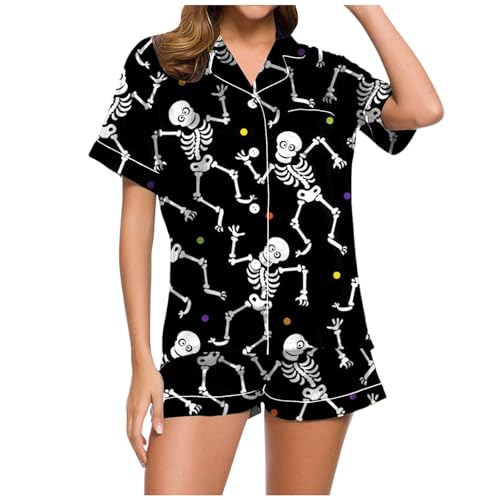 Eauptffy Schlafanzug Damen, Pyjama Damen Kurz Sexy, Pyjamas Set Kurz Zweiteiliger Nachtwäsche mit Knöpfen Umlegekragen Homewear Leichter Lässig Kurzarm Shirt und Schlafhose Morgenmantel Gedruckt 2024 von Eauptffy