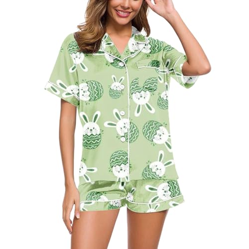 Eauptffy Schlafanzug Damen, Womens Pyjamas, Pyjama Set Zweiteiliges Kurz Nachtwäsche Set Turnup mit Knöpfe Homewear Beiläufig Leichter Kurzarm Oberteil und Schlafhose Negligé Bedruckt Halloween von Eauptffy