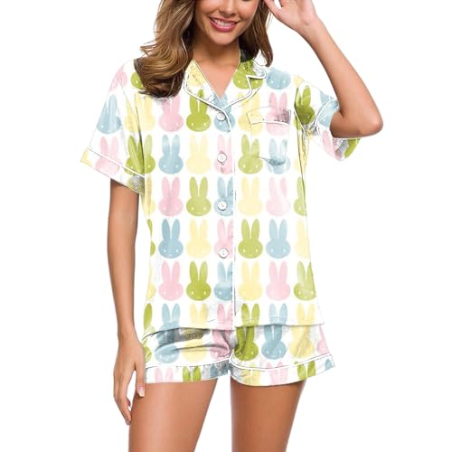 Eauptffy Schlafanzug Damen Kurz, Damen Pyjama Kurz, Pyjama-Set Zweiteiler Kurz Nachtwäsche Set Umlegekragen mit Knopfleiste Loungewear Leichter Lässiger Kurzarm Shirt und Shorts Negligé Druck 2024 von Eauptffy