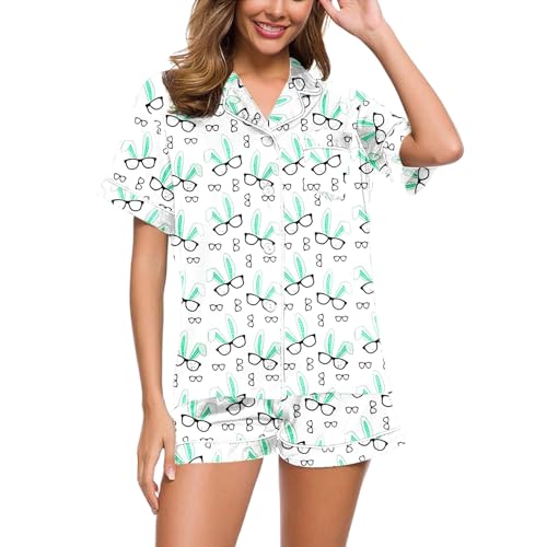 Eauptffy Schlafanzug Damen Kurz, Damen Pyjama Sommer, Pjs Zweiteiliges Shorty Nachtwäsche Set Umlegekragen mit Knöpfe Sleepwear Beiläufig Bequemer Kurzarm Top und Short Bademantel Bedruckte Sommer von Eauptffy