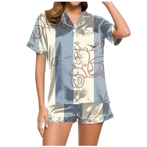 Eauptffy Schlafanzug Damen Kurz, Pyjama Damen Sommer, Pjs Zweiteiler Kurz Nachtwäsche Set Turnup mit Knöpfen Homewear Lässig Bequeme Kurzarm Shirt und Schlafshort Schlafoverall Gedrucktes Halloween von Eauptffy