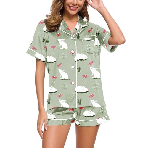 Eauptffy Schlafanzug Damen Kurz Set Sexy, Pyjama Damen, Pjs Sets Kurz Zweiteiliges Nachtwäsche Reverskragen mit Knöpfen Homewear Weich Lässiger Kurzarm Oberteil und Short Negligé Druck Halloween von Eauptffy