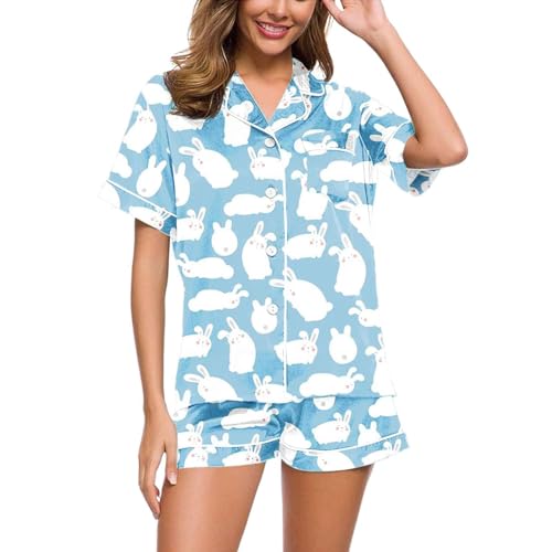 Eauptffy Schlafanzug Damen Kurz Set Sexy, Pyjama Damen, Pjs Sets Kurz Zweiteiliges Nachtwäsche Reverskragen mit Knöpfen Homewear Weich Lässiger Kurzarm Oberteil und Short Negligé Druck Halloween von Eauptffy