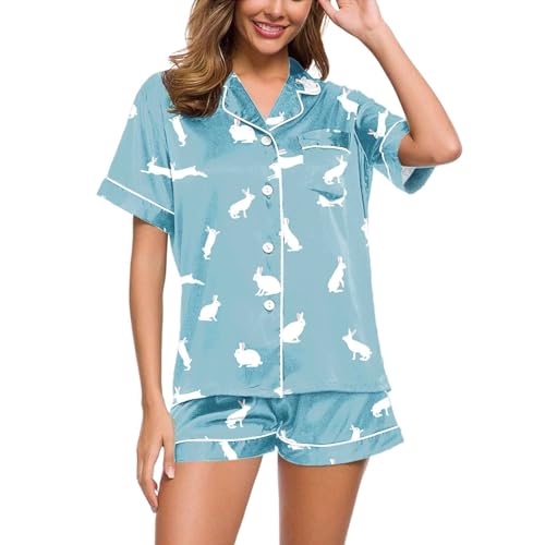 Eauptffy Schlafanzug Damen Kurz Set Sexy, Pyjama Damen, Pjs Sets Kurz Zweiteiliges Nachtwäsche Reverskragen mit Knöpfen Homewear Weich Lässiger Kurzarm Oberteil und Short Negligé Druck Halloween von Eauptffy