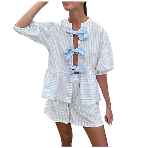 Eauptffy Schlafanzug Damen Kurz Set Sexy, Pyjama Damen Kurz, Pyjama-Set Zweiteiler Kurz Nachtwäsche Sexy Hausanzug Kuschelig Lässiger Kurzarm Shirt und Pyjamahosen Morgenmantel Gestreiftes Halloween von Eauptffy