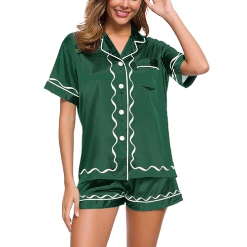 Eauptffy Schlafanzug Damen Satin, Musselin Pyjama Damen, Schlafanzüge Kurz Zweiteiler Nachtwäsche Set Revers mit Knopf Nightwear Lounge Weich Kurzarm Oberteil und Shorts Morgenmantel Gradient 2024 von Eauptffy