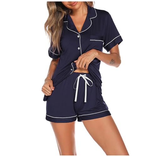 Eauptffy Schlafanzug Damen Satin, Pjama Set für Damen, Pyjamas Zweiteiliges Shorty Nachtwäsche mit Knöpfe Turnup Hausanzug Bequeme Lounge Kurzarm Shirt und Schlafhosen Bademantel Solid Halloween von Eauptffy