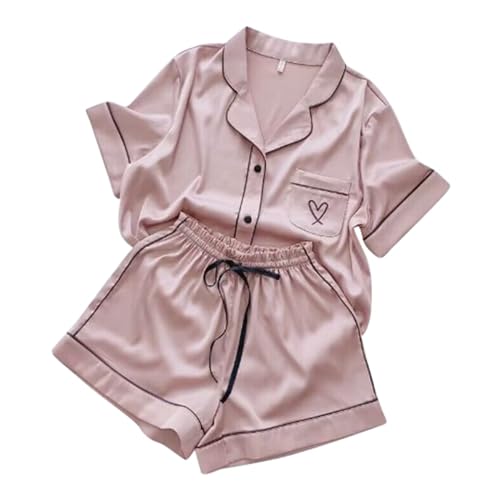 Eauptffy Schlafanzug Damen Satin, Pjama Set für Damen, Schlafanzüge Zweiteiliges Kurz Nachtwäsche Turnup mit Knöpfen Hausanzug Lässiger Weich Kurzarm Sleepshirt und Shorts Bademantel Einfarbig Sommer von Eauptffy