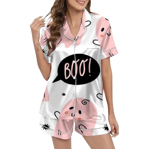 Eauptffy Schlafanzug Damen Satin, Pyjama Damen, Pjs Kurz Zweiteilige Nachtwäsche Turnup mit Knöpfe Loungewear Bequemer Lässiger Kurzarm Top und Schlafshorts Schlafoverall Druck Halloween von Eauptffy