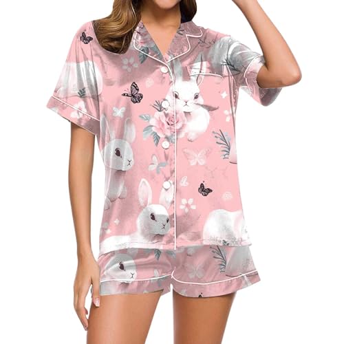 Eauptffy Schlafanzug Damen Satin, Pyjama Damen, Pyjama Set Kurz Zweiteiler Nachtwäsche mit Knöpfen Umlegekragen Nightwear Casual Leicht Kurzarm Oberteil und Schlafhose Morgenmantel Druck Sommer von Eauptffy