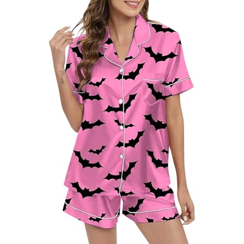 Eauptffy Schlafanzug Damen Satin, Pyjama Damen Kurz Sexy, Pyjamas Set Shorty Zweiteiler Nachtwäsche Turnup mit Knöpfen Nightwear Lounge Weich Kurzarm Shirt und Schlafhosen Nachtkleid Bedruckt Sommer von Eauptffy