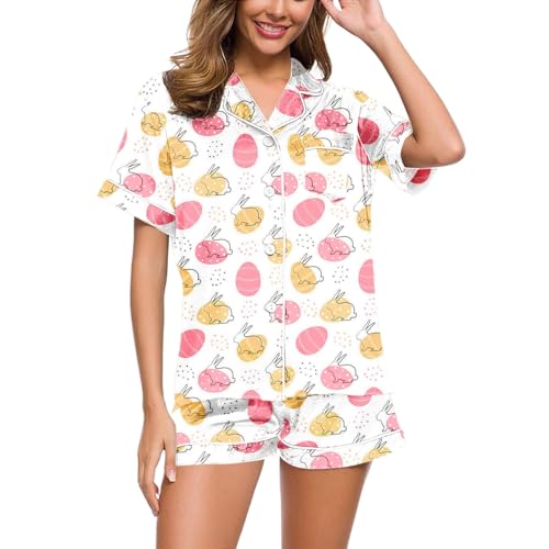 Eauptffy Schlafanzug Damen Satin, Pyjama Damen Satin, Pjs Zweiteilige Kurz Nachtwäsche Set Turnup mit Knopf Homewear Lässiger Bequeme Kurzarm Oberteil und Kurze Hosen Negligé Bedruckter Sommer von Eauptffy