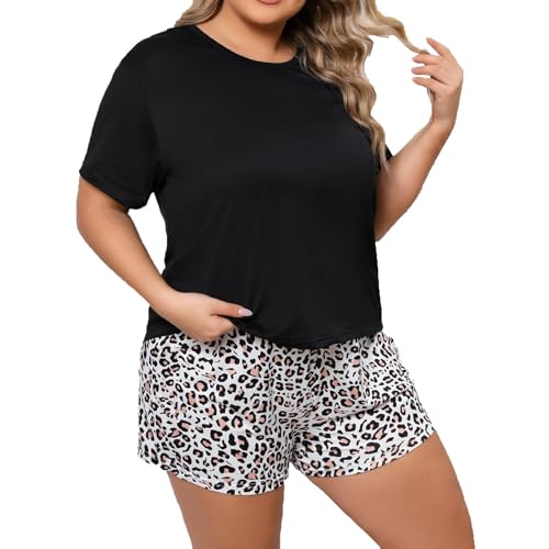 Eauptffy Schlafanzug Damen Sommer, Damen Pyjama Sommer, Pjs Sets Zweiteiliges Kurz Nachtwäsche Rundhals Hausanzug Lounge Bequemer Kurzarm Shirt und Short Negligé Bedruckter Sommer von Eauptffy