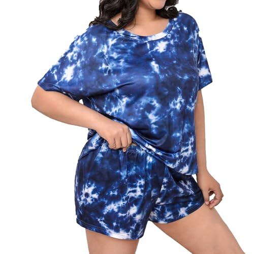 Eauptffy Schlafanzug Damen Sommer, Damen Pyjama Sommer, Pjs Sets Zweiteiliges Kurz Nachtwäsche Rundhals Hausanzug Lounge Bequemer Kurzarm Shirt und Short Negligé Bedruckter Sommer von Eauptffy