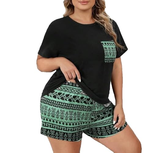 Eauptffy Schlafanzug Damen Sommer, Damen Pyjama Sommer, Pjs Sets Zweiteiliges Kurz Nachtwäsche Rundhals Hausanzug Lounge Bequemer Kurzarm Shirt und Short Negligé Bedruckter Sommer von Eauptffy