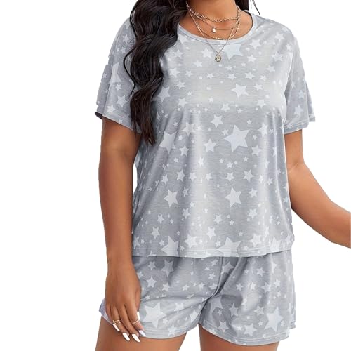 Eauptffy Schlafanzug Damen Sommer, Damen Pyjama Sommer, Pjs Sets Zweiteiliges Kurz Nachtwäsche Rundhals Hausanzug Lounge Bequemer Kurzarm Shirt und Short Negligé Bedruckter Sommer von Eauptffy