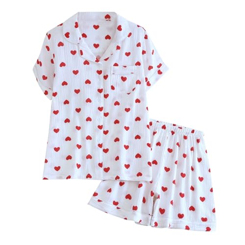 Eauptffy Schlafanzug Damen Sommer, Pjama Set für Damen, Pyjamas Zweiteiliger Shorty Nachtwäsche mit Knopfleiste Turnup Hausanzug Weich Lässig Kurzarm Shirt und Short Bademantel Gedruckt Sommer von Eauptffy