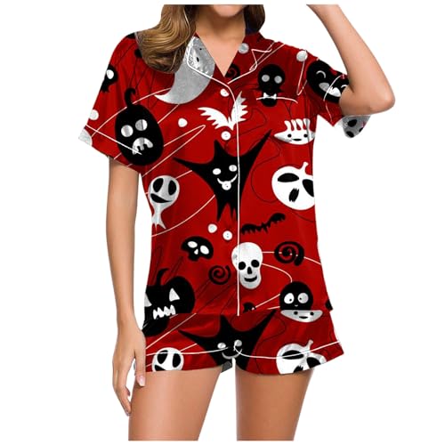 Eauptffy Schlafanzug Kurz Damen, Pyjama Damen, Pyjamas Shorty Zweiteiliges Nachtwäsche Set mit Knopfleiste Revers Homewear Lässig Bequemer Kurzarm Shirt und Schlafshort Negligé Gedruckter Sommer von Eauptffy